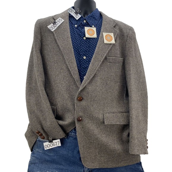 VTG Levi Strauss Tailored Classic Wool Tweed Sport Coat 2 Leather Button Men 44R - Picture 3 of 16